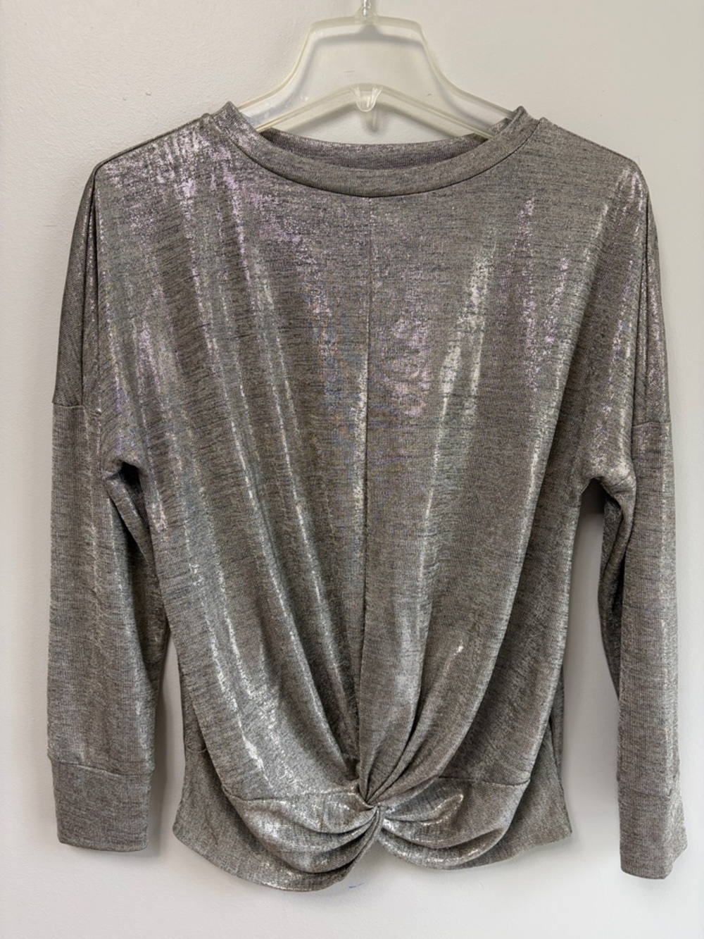 Fourteenth Place Women's Silver Metallic Twist-Front Long Sleeve Top SIZE SMALL